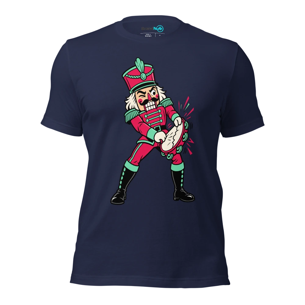A nutcracker soldier attempting to crack a tambourine T Shirt Navy Front