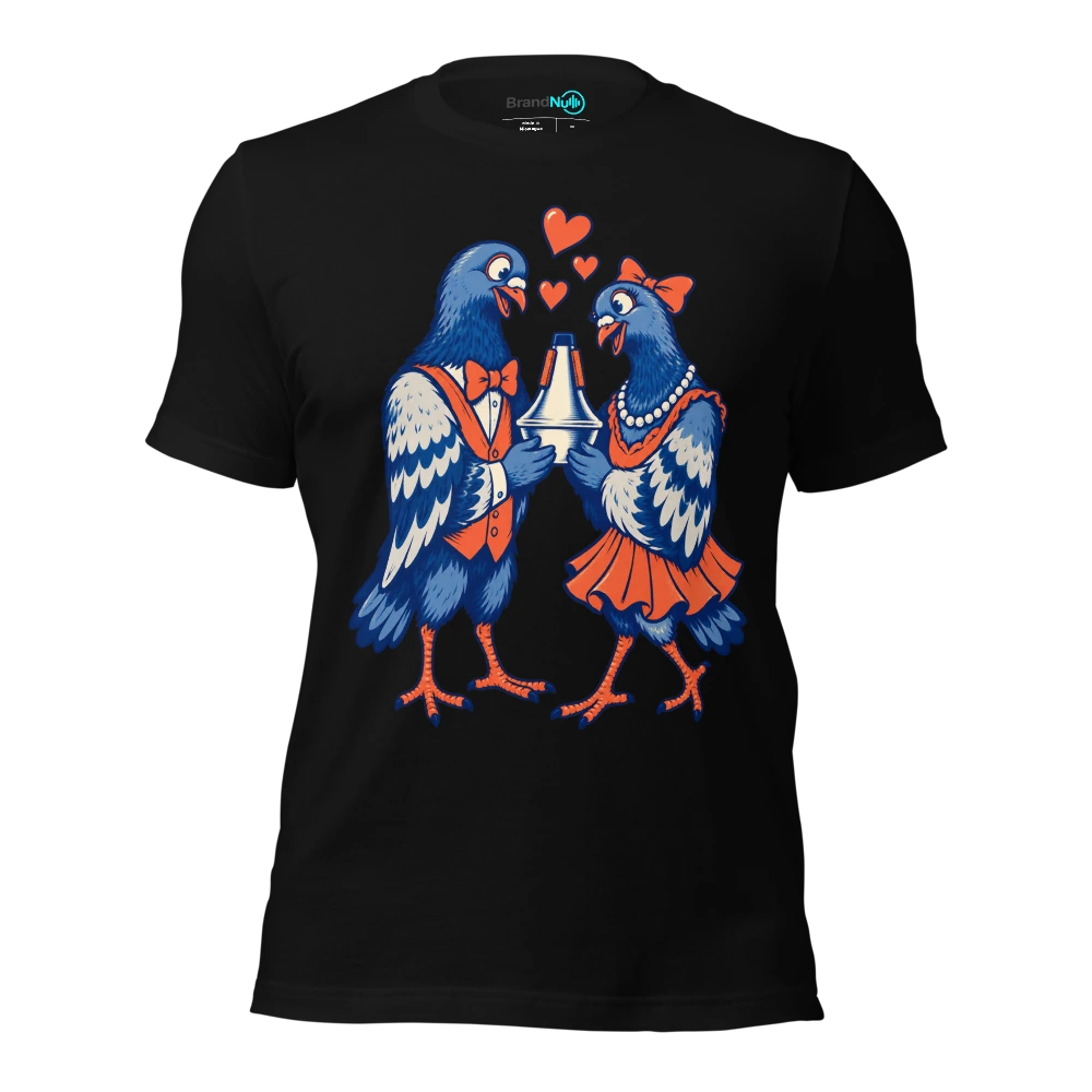 Two pigeons offering each other the same trumpet mute T Shirt Black Front