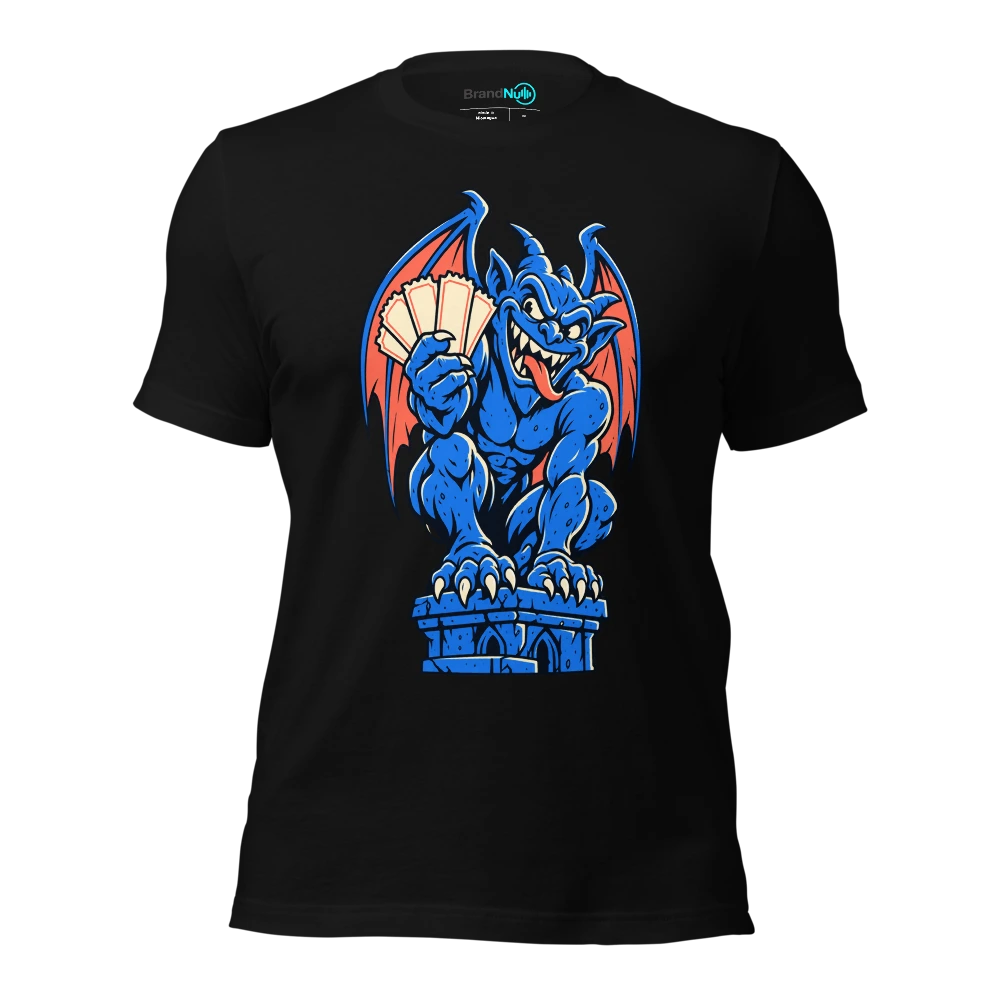 A grinning gargoyle clutching a stack of blank concert tickets T-SHIRT