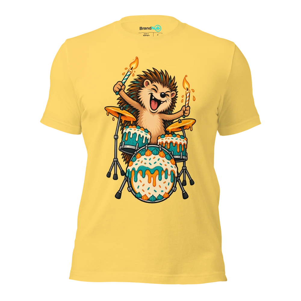 A hedgehog using birthday candles as tiny drumsticks T Shirt Yellow Front