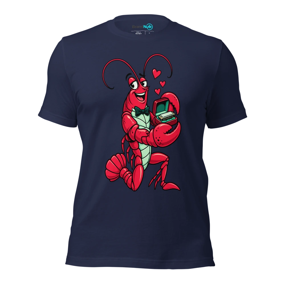 A lobster presenting a tiny harmonica in an open ring box T Shirt Navy Front