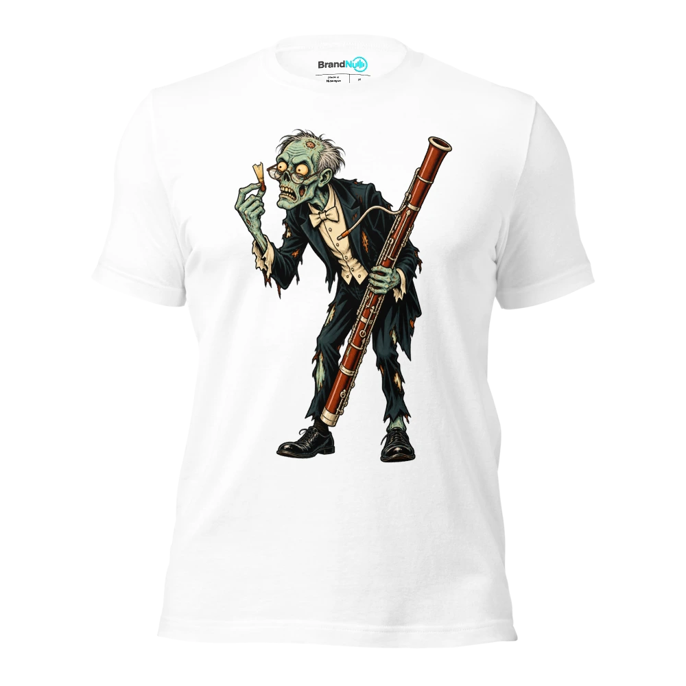 Zombie examining a broken bassoon reed with reading glasses T Shirt White Front