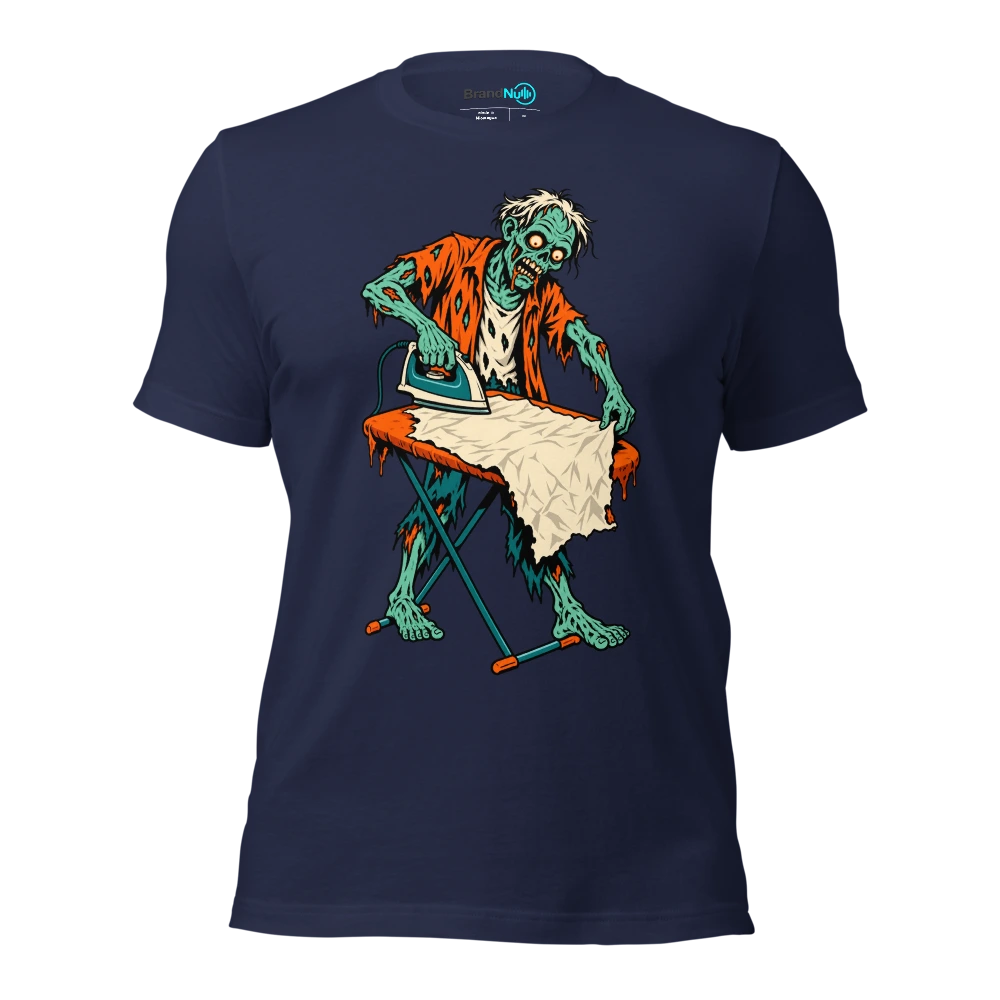 A zombie carefully ironing a crumpled blank gig poster T Shirt Navy Front