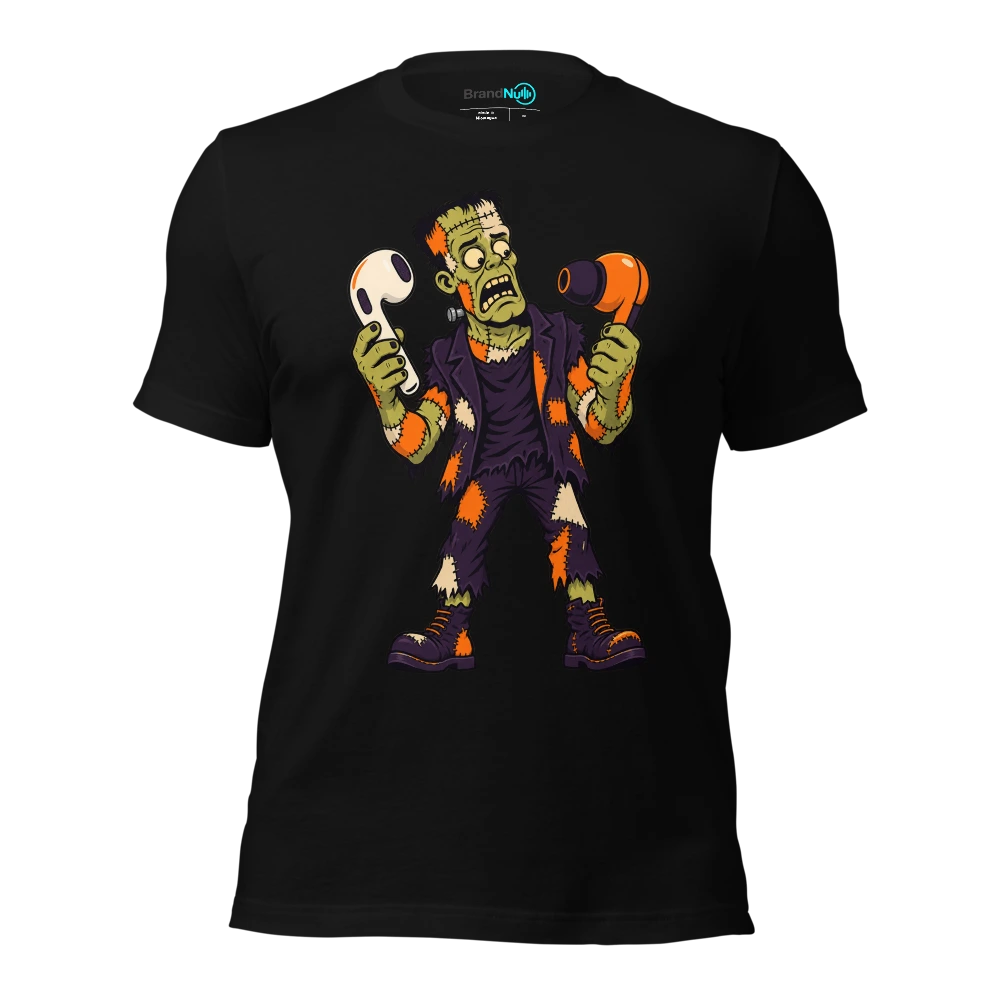 THE PATCHWORK MONSTER HAS MISMATCHED EARBUDS T Shirt Black Front