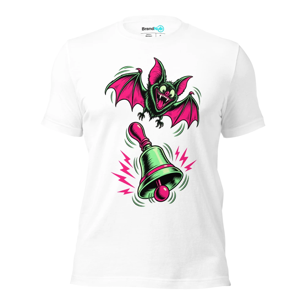 Bat flapping above a single loudly ringing handbell T Shirt White Front