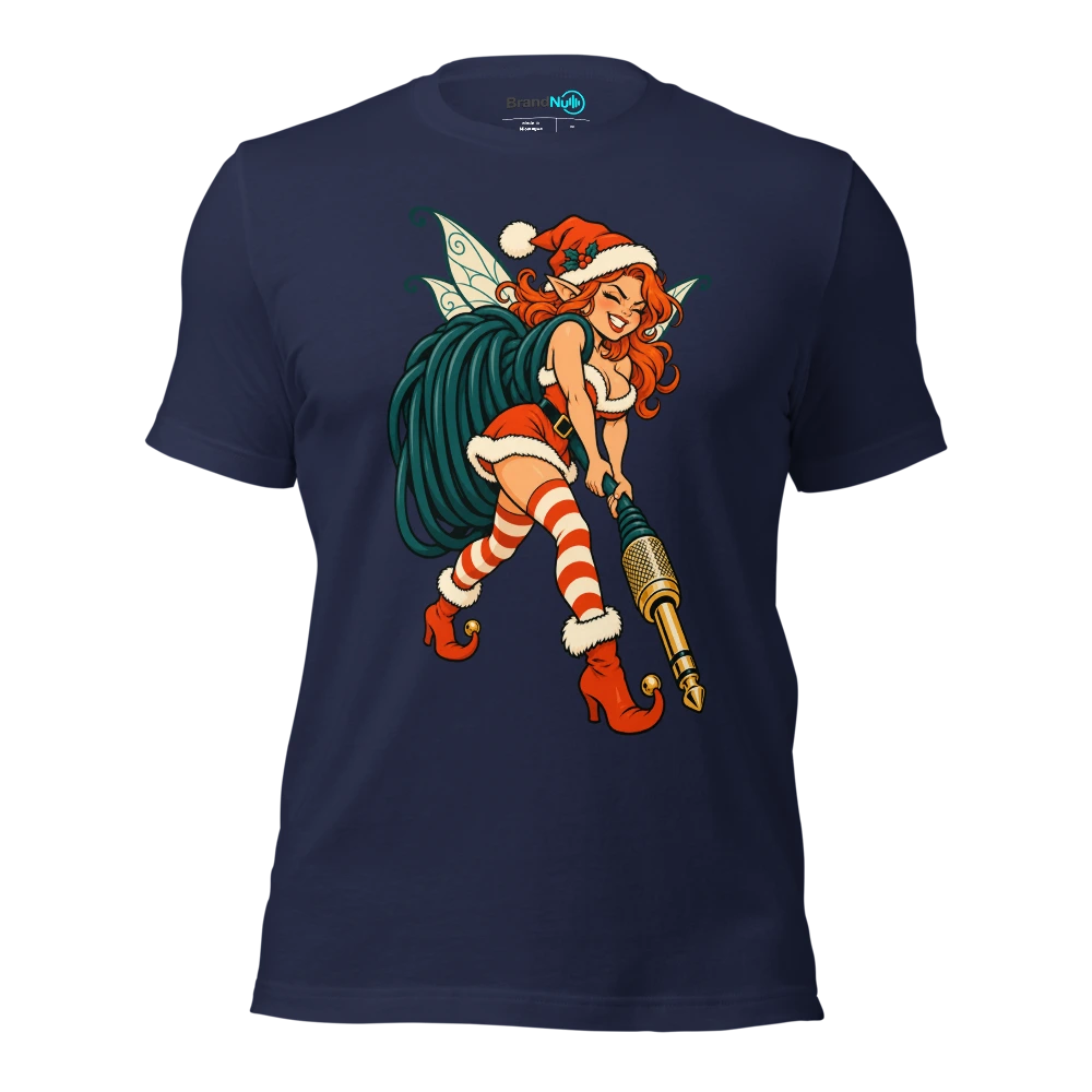A festive fairy hauling an amplifier cable larger than itself T Shirt Navy Front