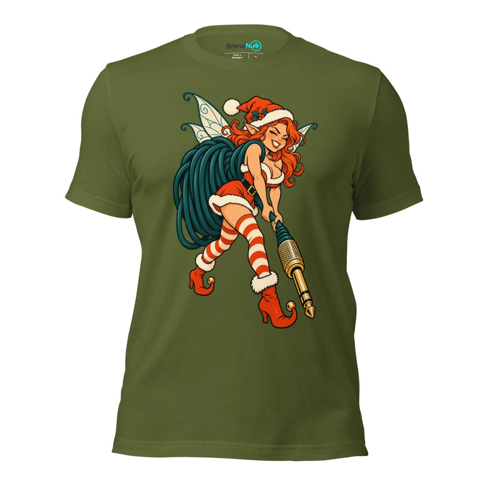 A festive fairy hauling an amplifier cable larger than itself T Shirt Olive Front