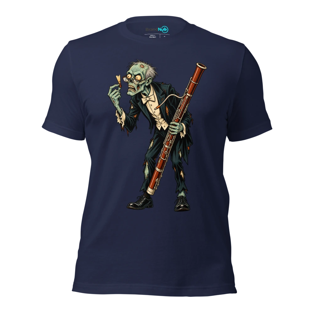 Zombie examining a broken bassoon reed with reading glasses T Shirt Navy Front