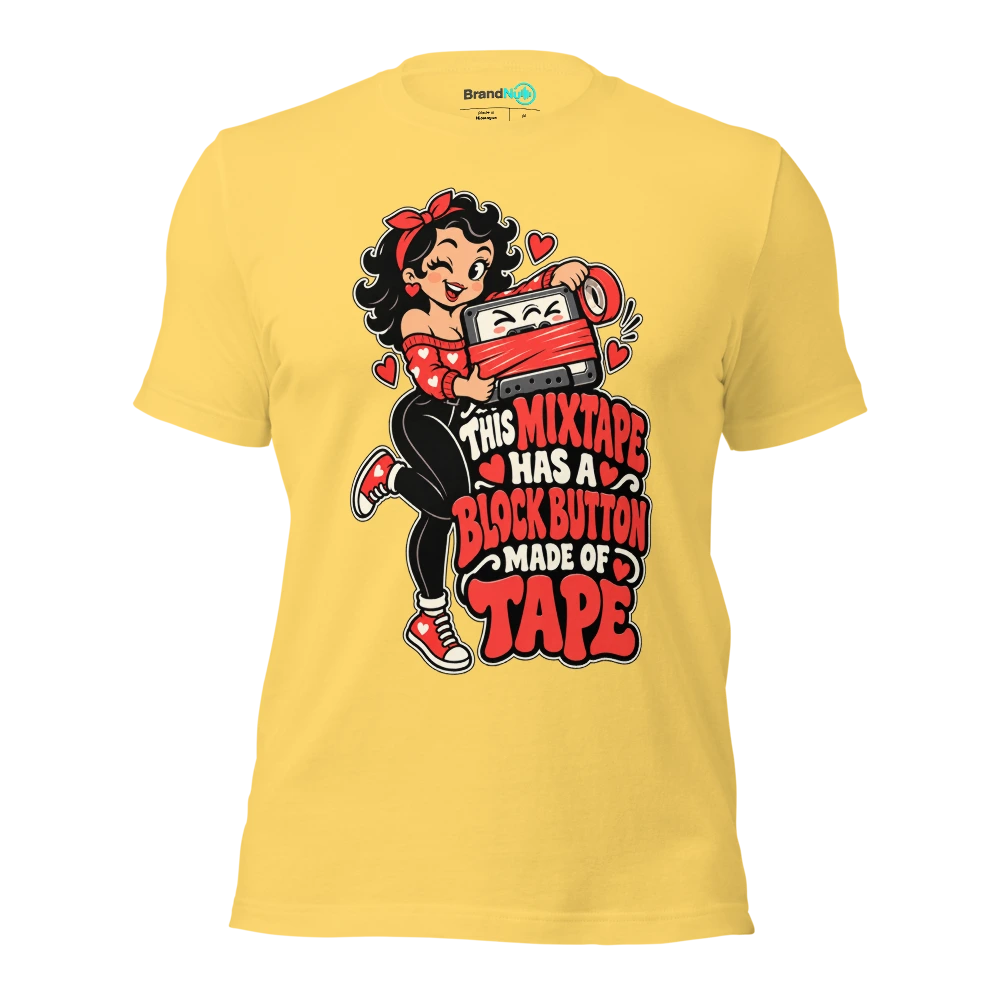 THIS MIXTAPE HAS A BLOCK BUTTON MADE OF TAPE T Shirt Yellow Front