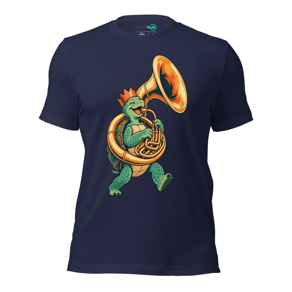 Birthday turtle carrying a sousaphone and wearing a paper crown T Shirt Navy Front