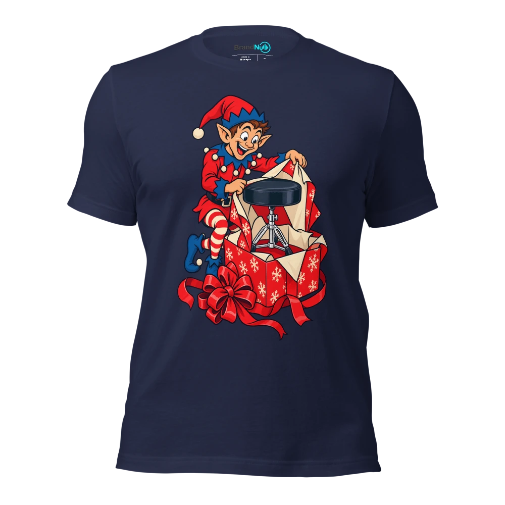 An elf packing a drum stool as though it were a luxury gift T Shirt Navy Front