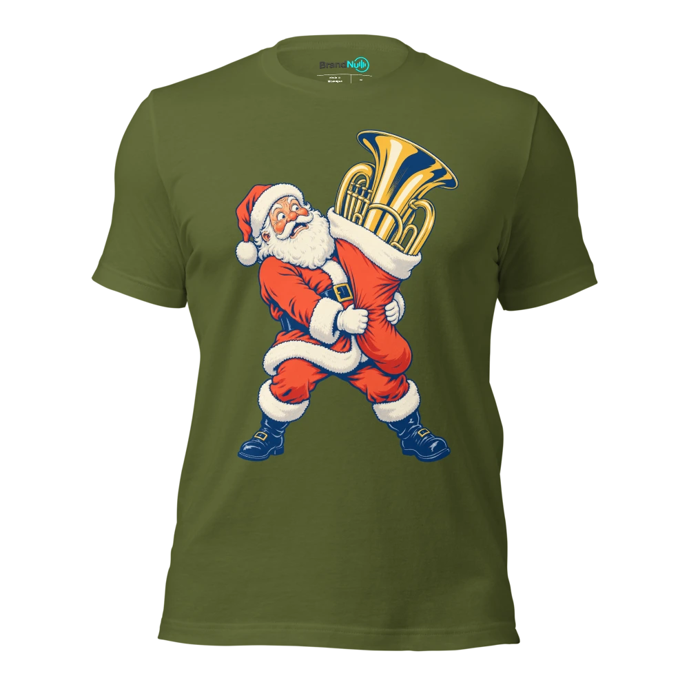 Santa carrying a euphonium in a stocking too small for it T Shirt Olive Front