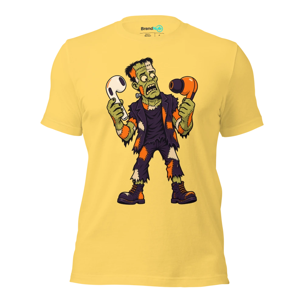 THE PATCHWORK MONSTER HAS MISMATCHED EARBUDS T Shirt Yellow Front