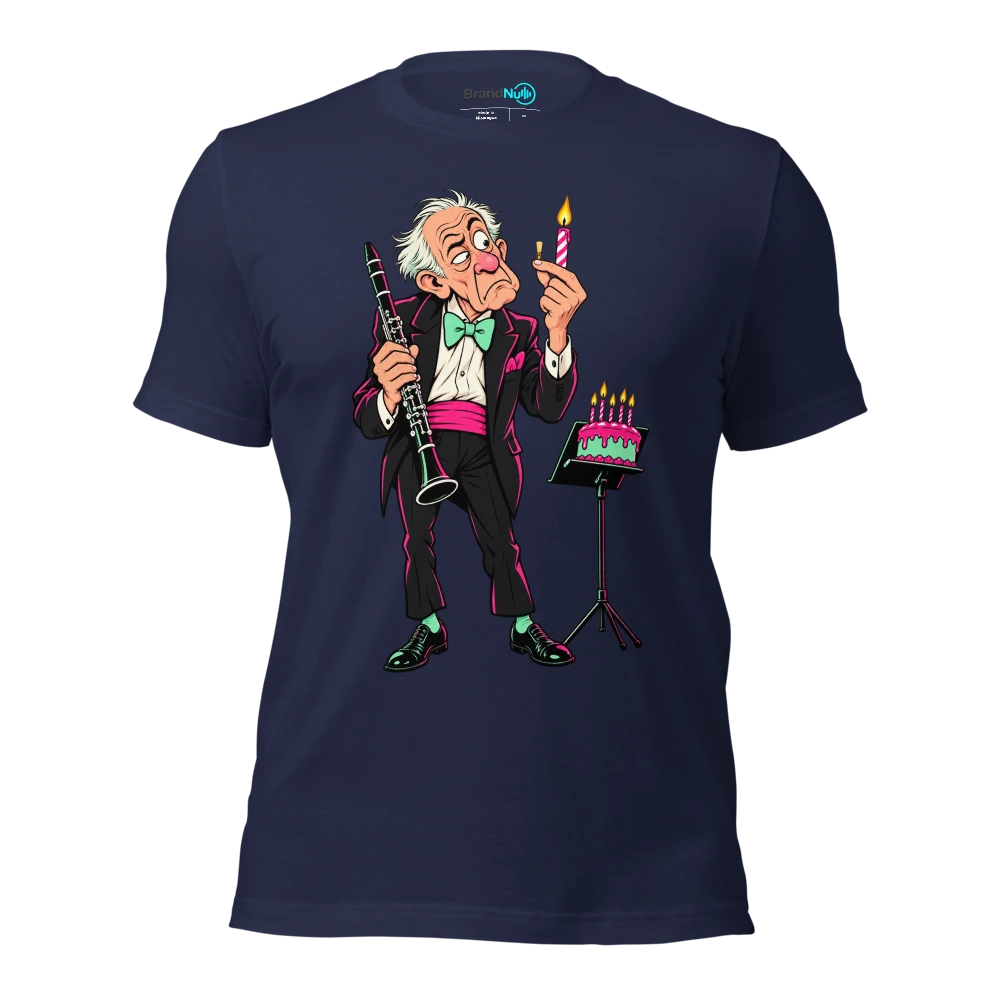 Older clarinetist comparing a candle to a tiny reed T Shirt Navy Front