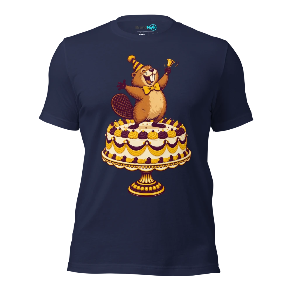 Birthday beaver presenting one tiny handbell on a huge cake stand T Shirt Navy Front