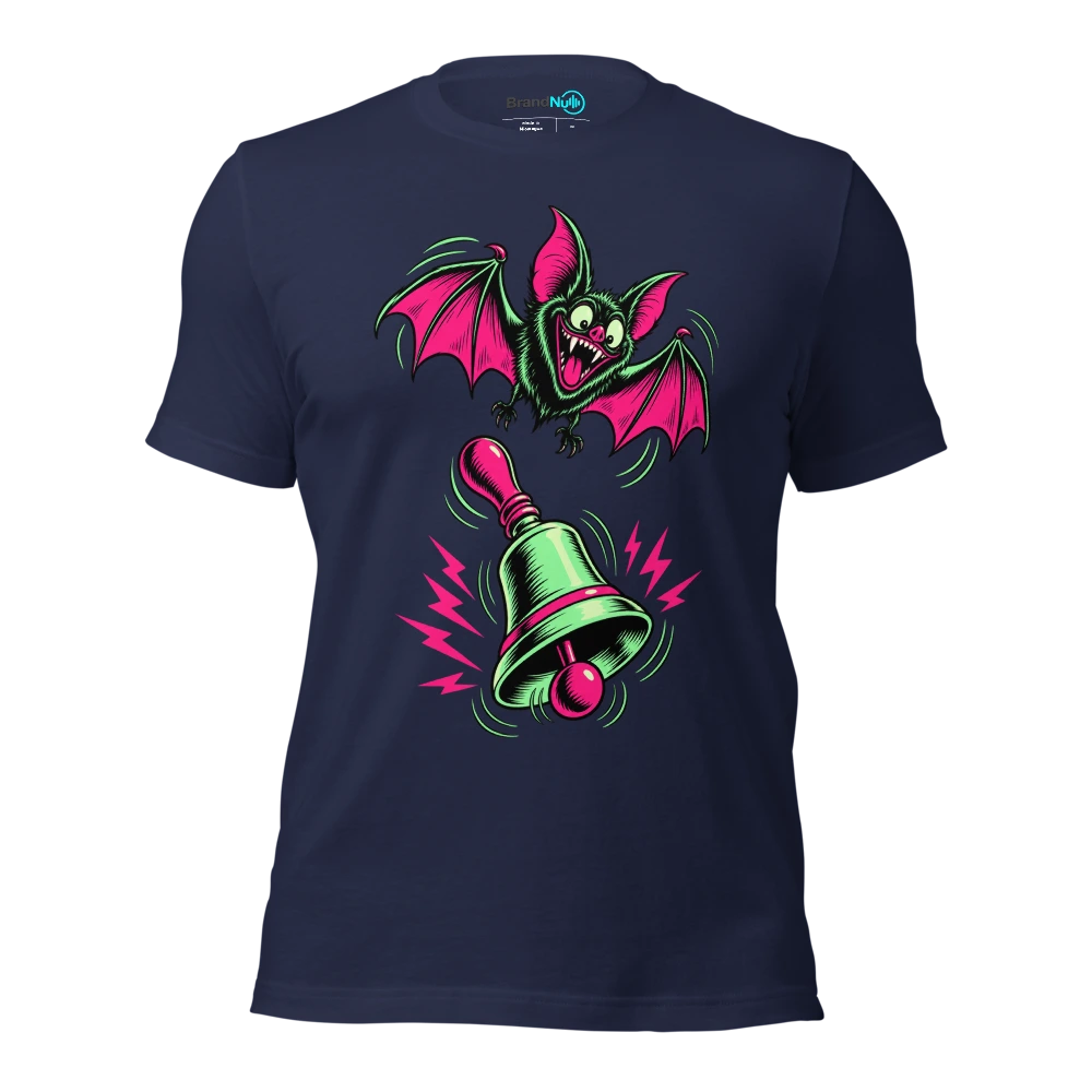 Bat flapping above a single loudly ringing handbell T Shirt Navy Front