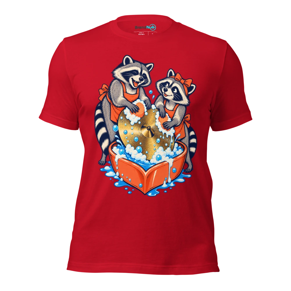 Two raccoons washing a single cymbal in a heart shaped basin T Shirt Red Front