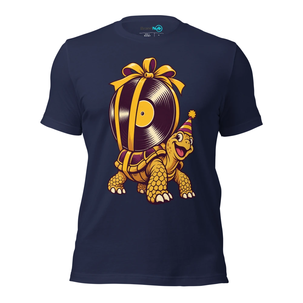 A tortoise carrying a massive blank vinyl record as a birthday present T Shirt Navy Front