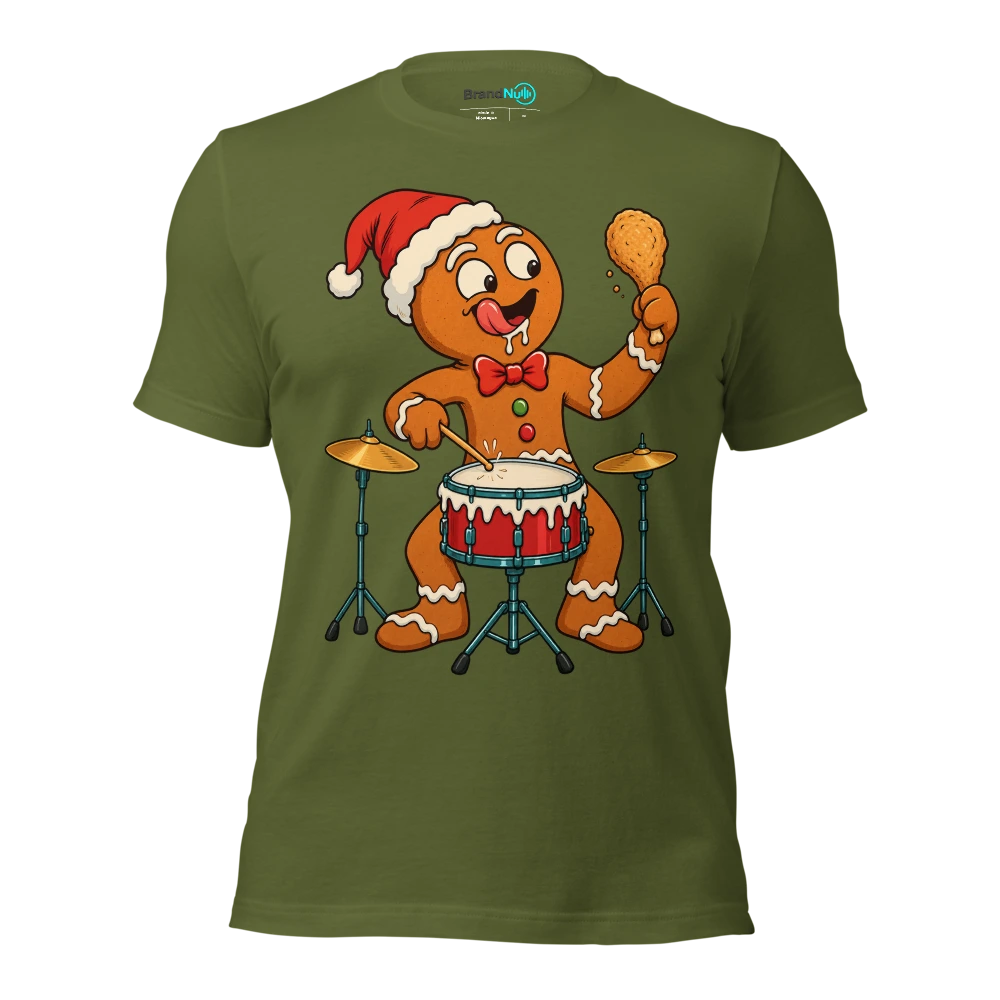 Gingerbread drummer staring at a drumstick shaped biscuit T Shirt Olive Front