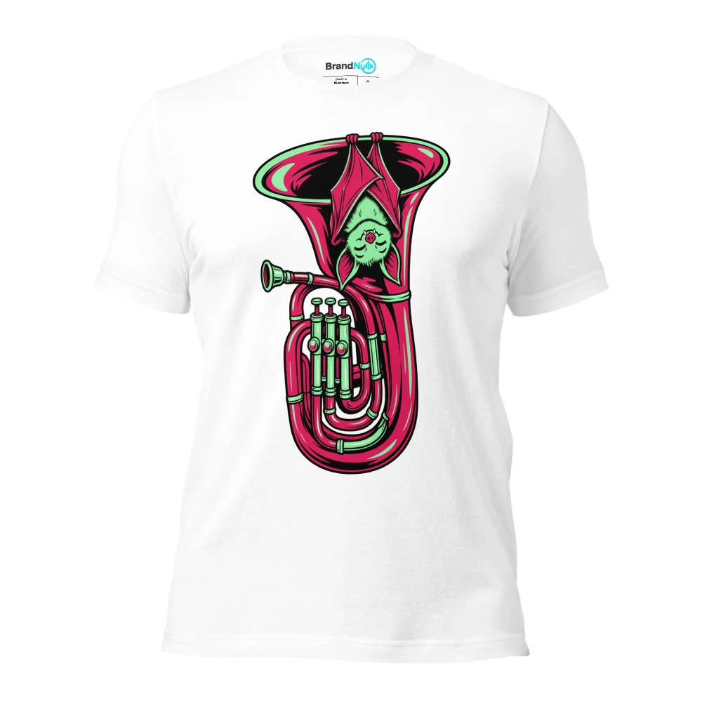 A bat sleeping upside down inside a tuba bell T Shirt White Front