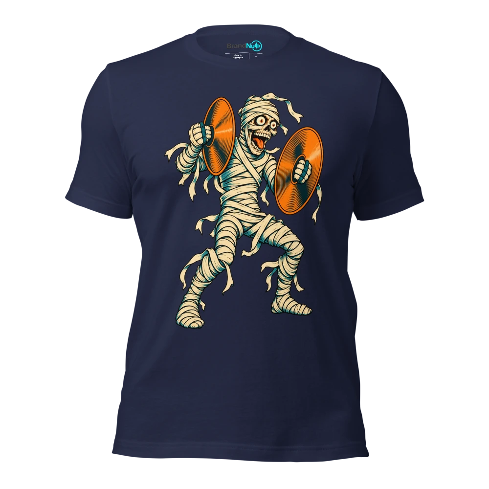 Mummy attempting to clap while holding two cymbals T Shirt Navy Front
