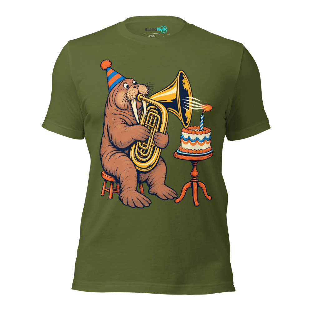 Birthday walrus trying to blow a candle through a tuba T Shirt Olive Front