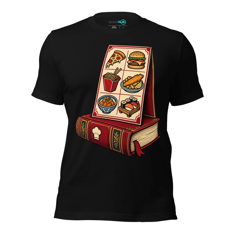 Bought a BrandNu cookbook. Lovely thing to lean the takeaway menu on T Shirt Black Front