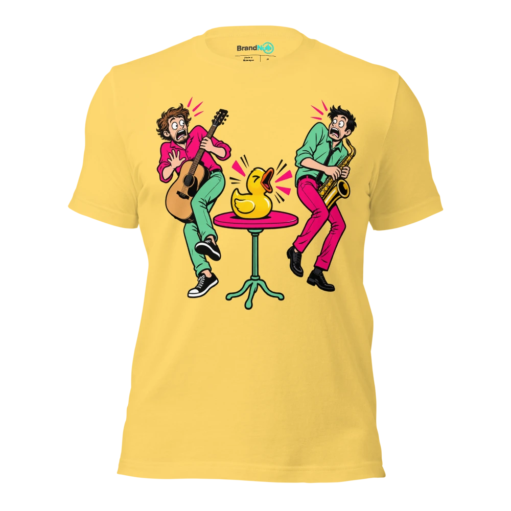 Couple leaning away from an unexpectedly loud squeaky toy T Shirt Yellow Front