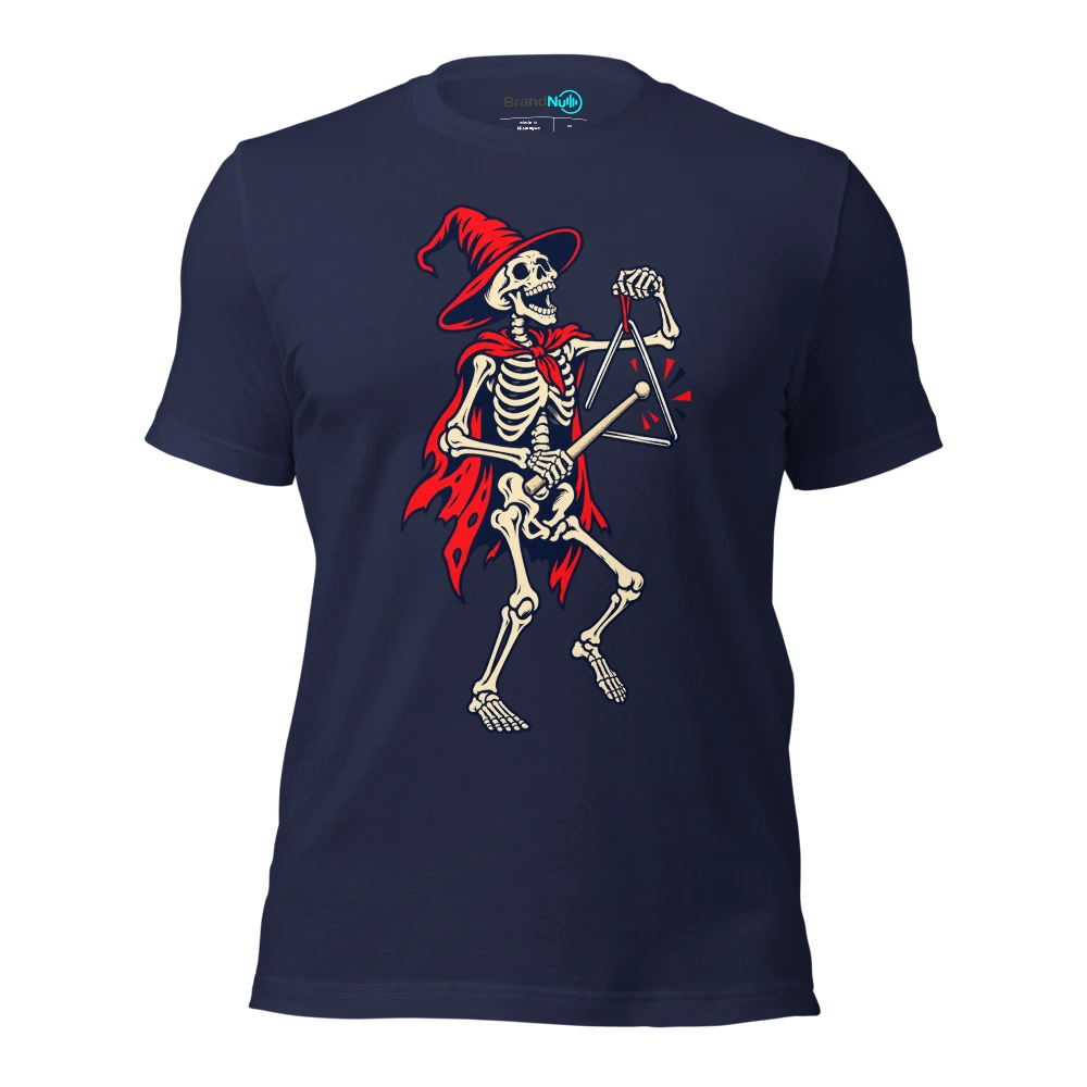 A skeleton playing a triangle with an oversized femur shaped beater T Shirt Navy Front