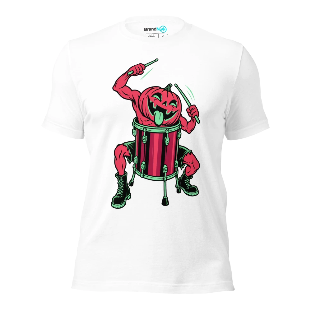 A pumpkin drummer discovering its head fits perfectly in a floor tom T Shirt White Front