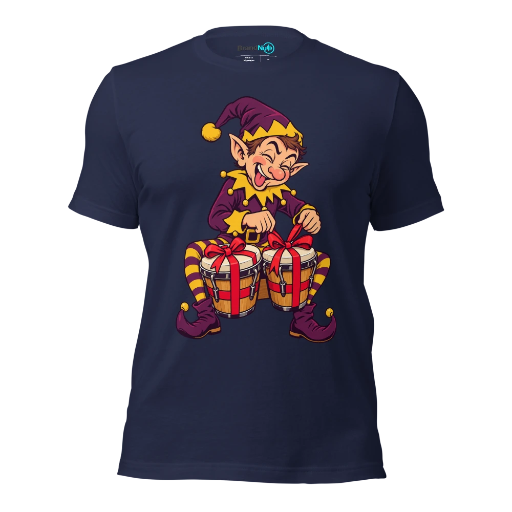 Elf tying gift bows around a pair of bongos T Shirt Navy Front