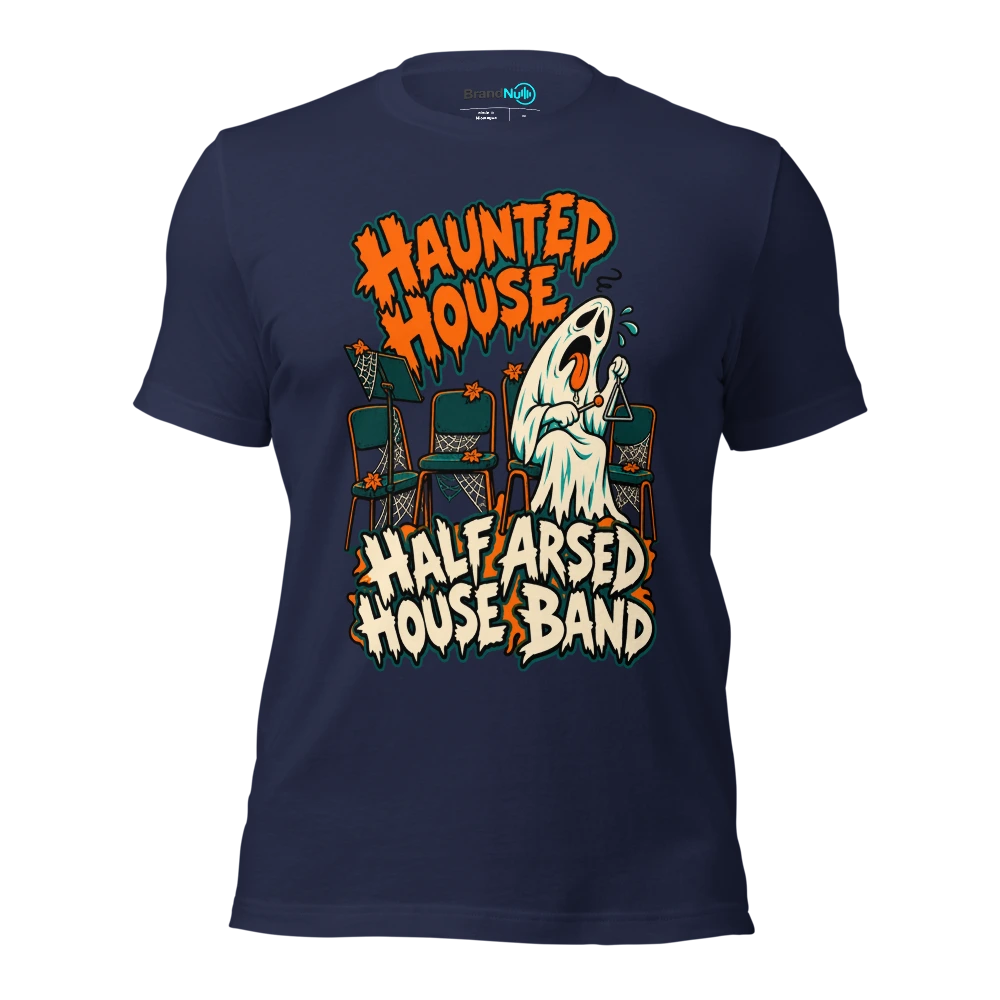 HAUNTED HOUSE HALF ARSED HOUSE BAND T Shirt Navy Front