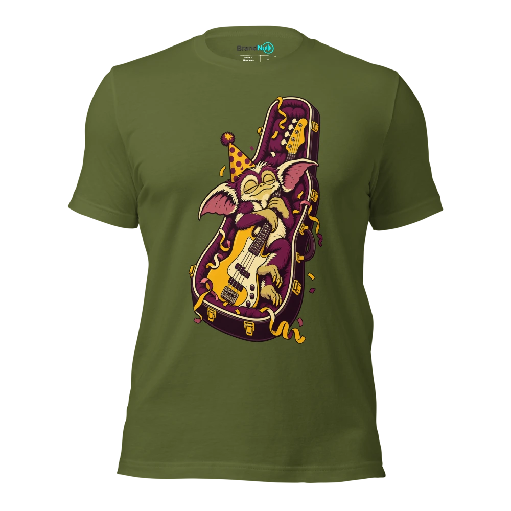 An original tiny gremlin napping inside a bass guitar case wearing a party hat T Shirt Olive Front