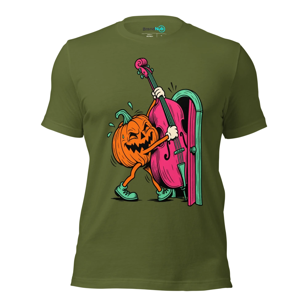 Pumpkin carrying a double bass through a tiny doorway T Shirt Olive Front
