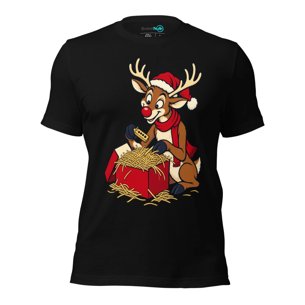 Reindeer carefully packing a tiny pitch pipe in hay T Shirt Black Front