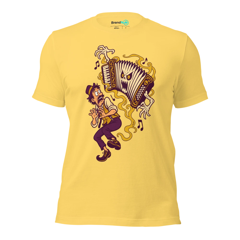 A haunted accordion expanding while its nervous owner retreats T Shirt Yellow Front