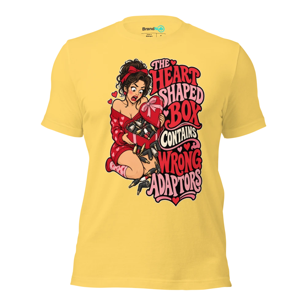 THE HEART SHAPED BOX CONTAINS WRONG ADAPTORS T Shirt Yellow Front