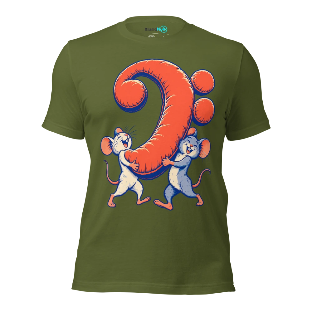 Two mice carrying one enormous bass clef shaped cushion T Shirt Olive Front