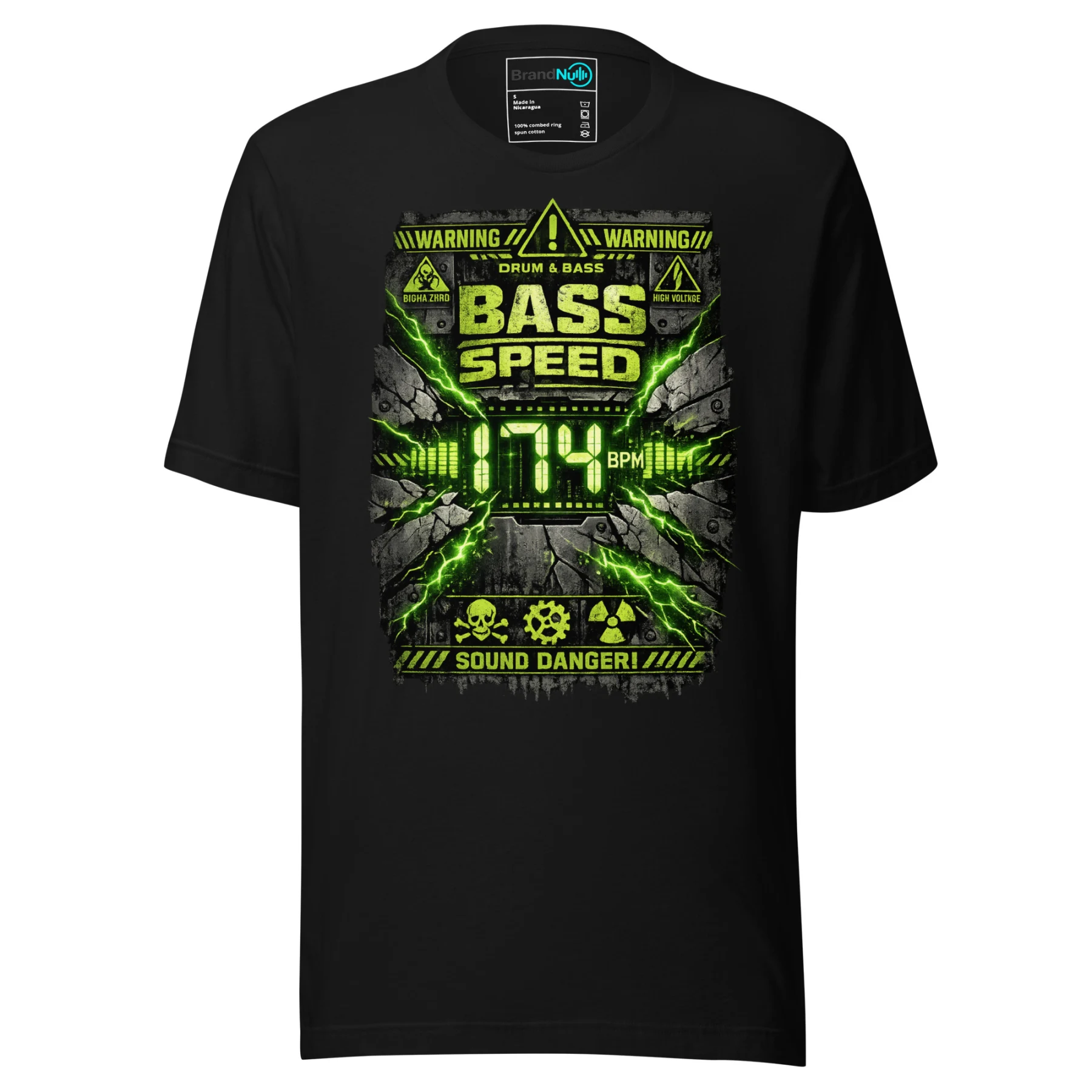 Bass Speed Warning Drum and Bass T Shirt DnB Hazard Rave Graphic Green Screen