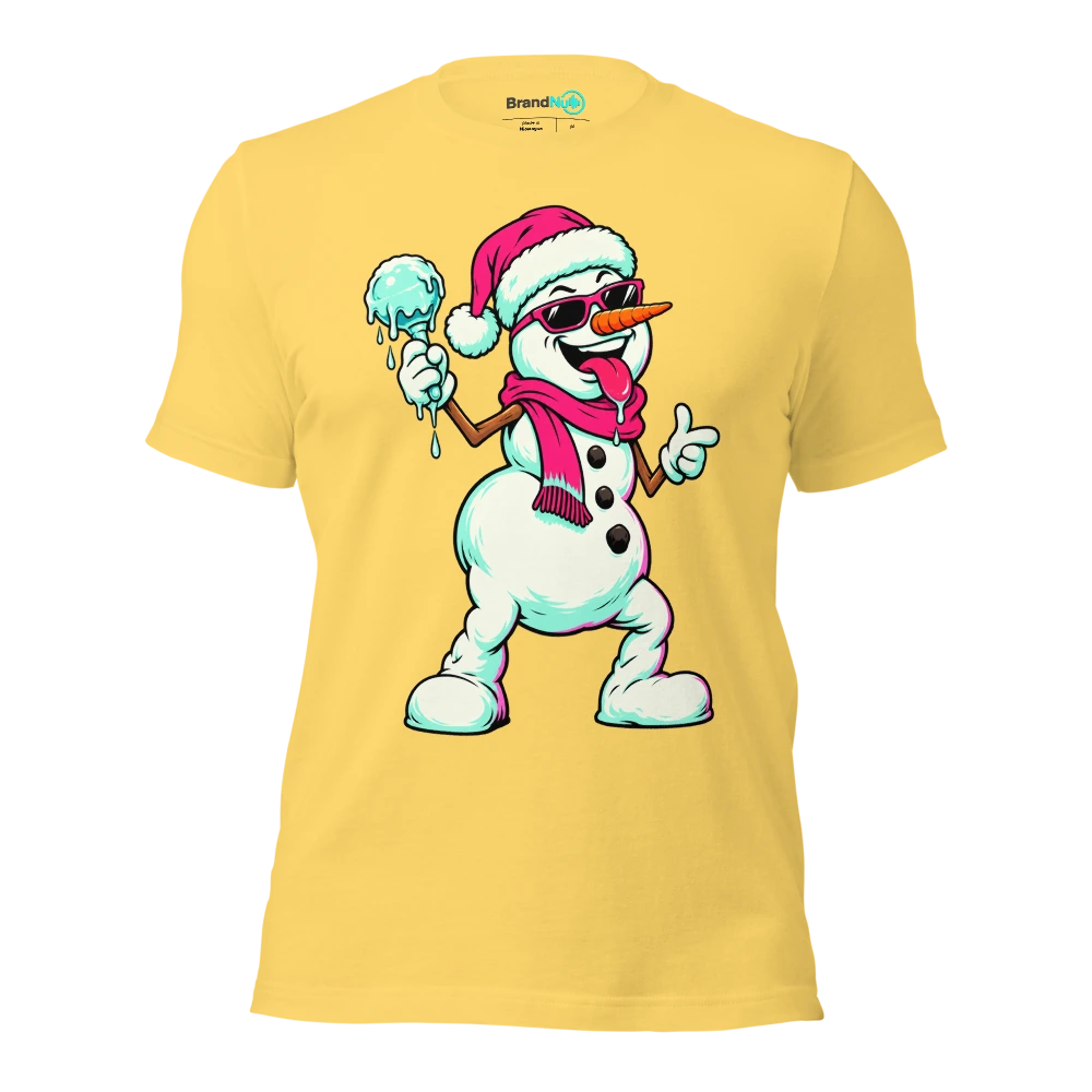 Snowman holding a single melting ice maraca T Shirt Yellow Front