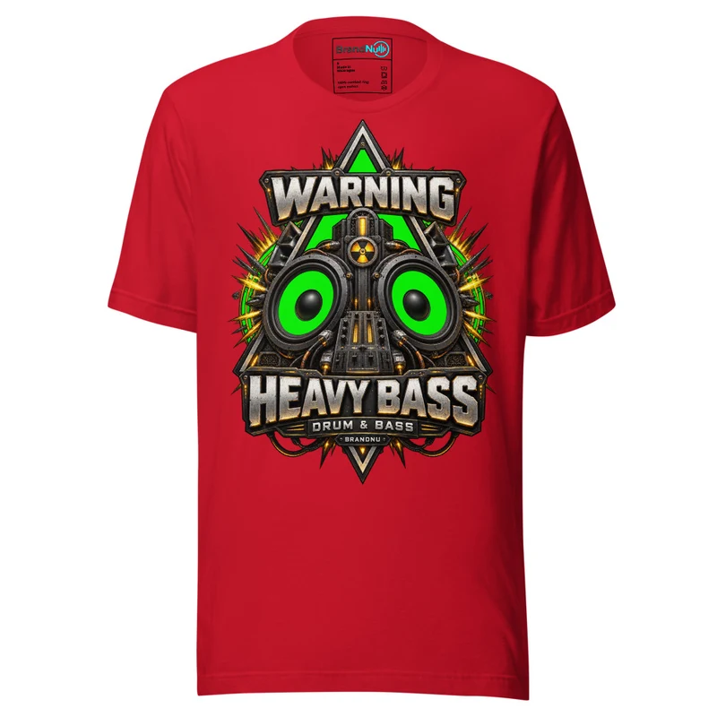 Warning Heavy Bass Drum and Bass T Shirt DnB Triangle Graphic Green Screen - Red