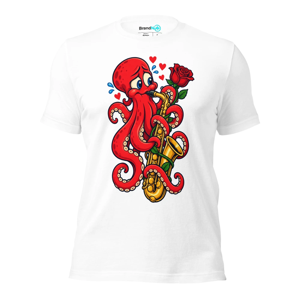 An octopus nervously wrapping a single rose around a saxophone T Shirt White Front