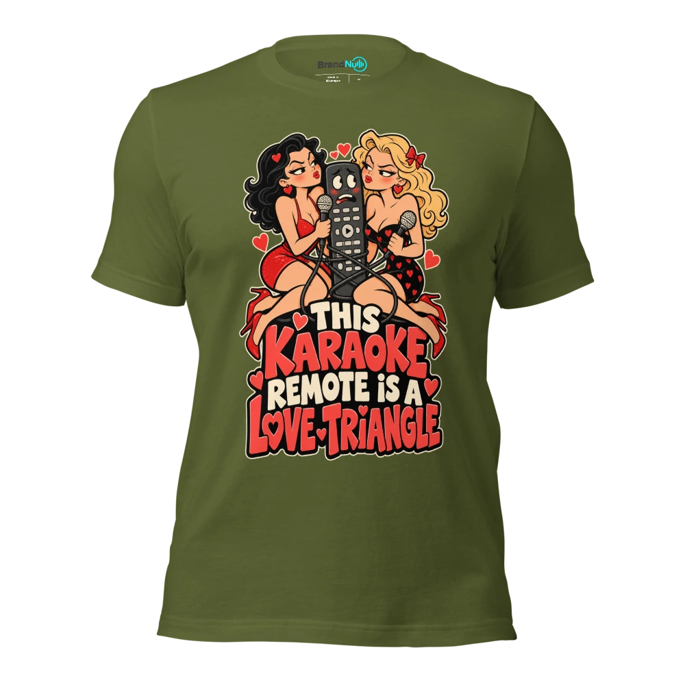 THIS KARAOKE REMOTE IS A LOVE TRIANGLE T Shirt Olive Front