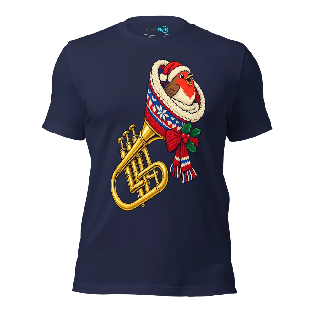 A robin nesting inside a warm wool covered trumpet bell T Shirt Navy Front