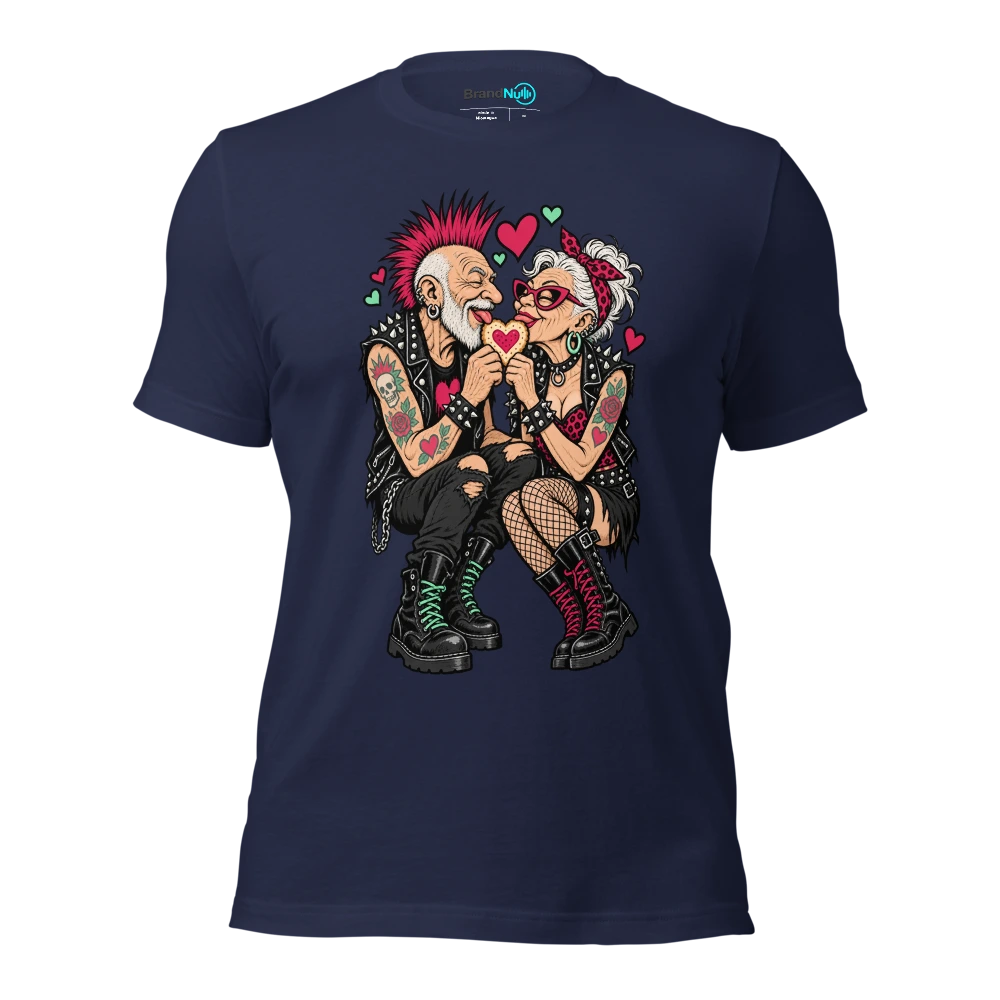 Two elderly punk musicians sharing a heart shaped biscuit T Shirt Navy Front