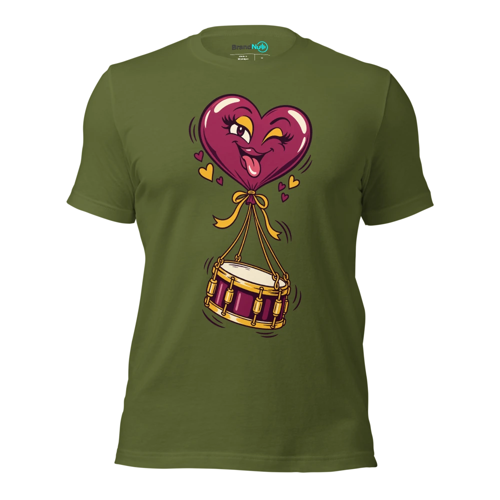 A heart shaped balloon lifting a miniature snare drum T Shirt Olive Front