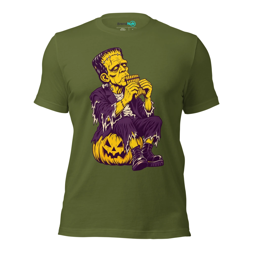 Monster carefully blowing across a tiny panpipe T Shirt Olive Front