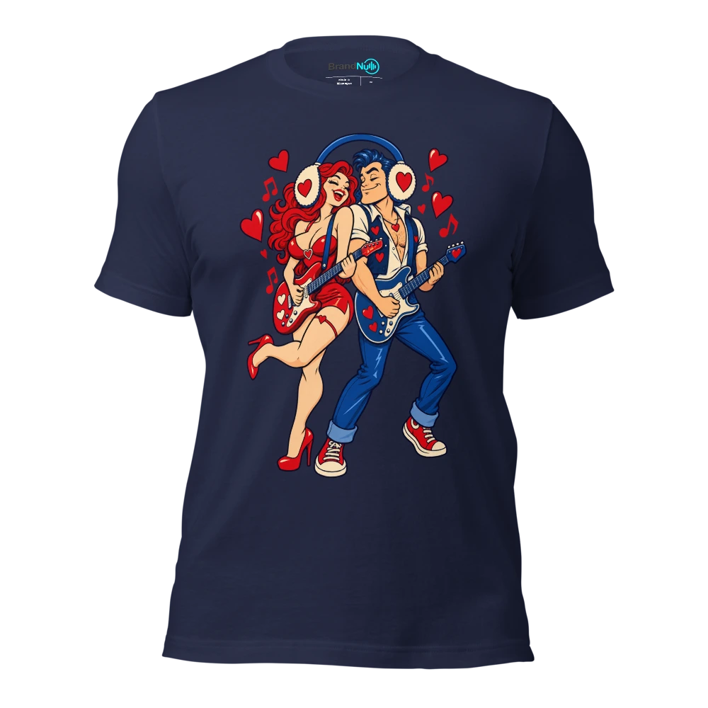 Two human musicians sharing an oversized pair of earmuffs T Shirt Navy Front