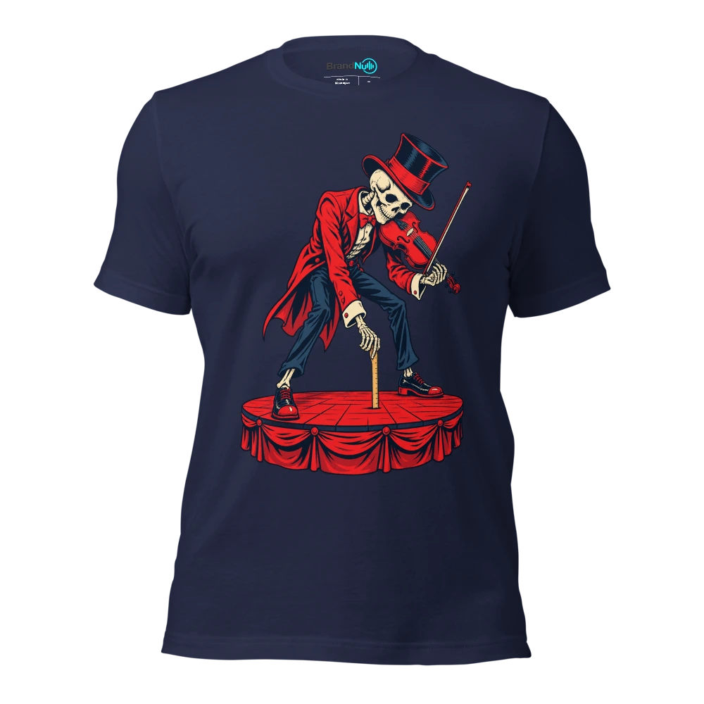 Skeleton violinist measuring the stage with a tiny ruler T Shirt Navy Front