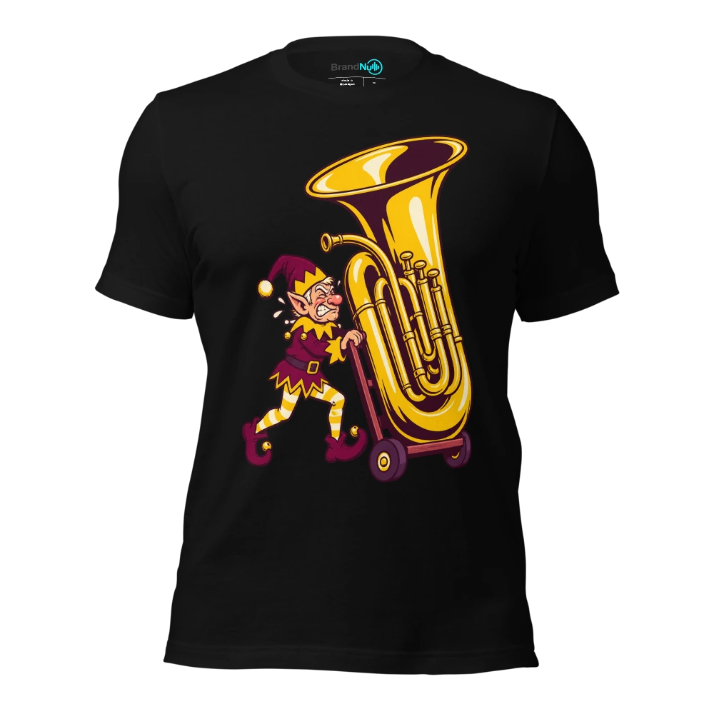 Elf pushing an enormous tuba on a toy trolley T-SHIRT